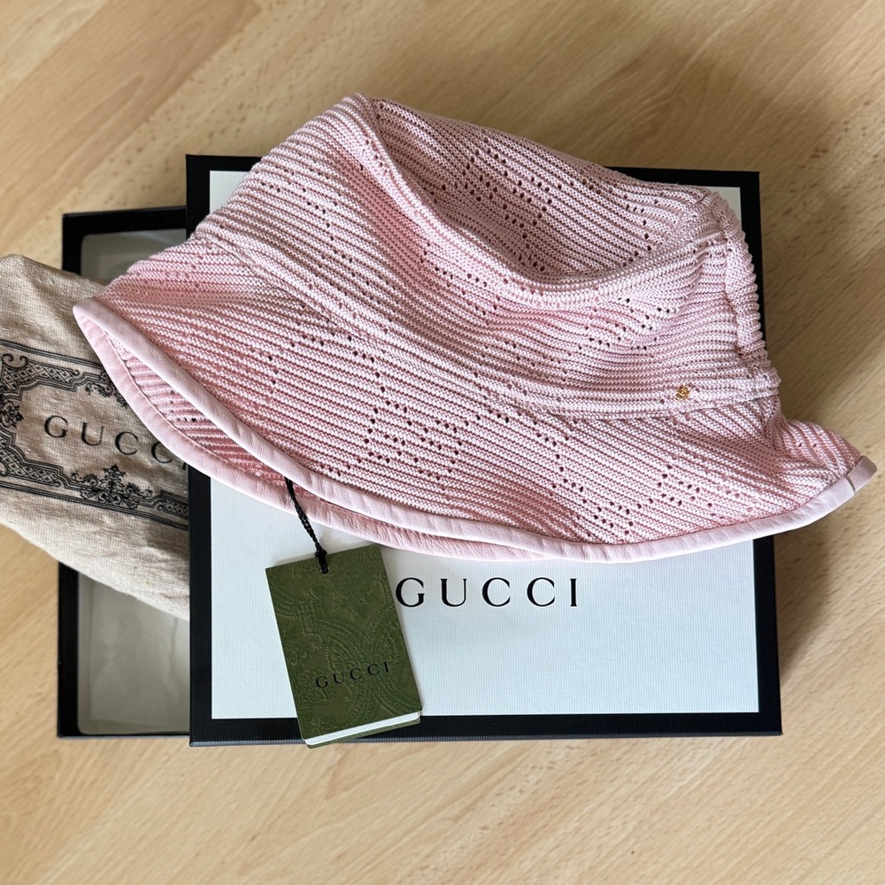 NWT~GUCCI~‘Malibu’ Leather-trimmed Crocheted Pink Bucket Hat - Large 58cm - Picture 5 of 14